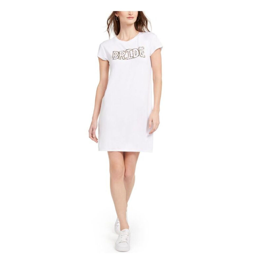 ADRIANNA PAPELL Womens White Logo Short Sleeve Jewel Neck Short Shift Dress XL